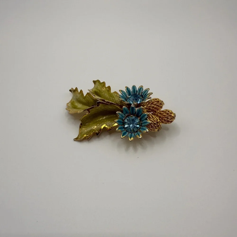 Vintage Blue Enamel Sunflower Green Leaf Gold Tone Rhinestone Floral Brooch Pin